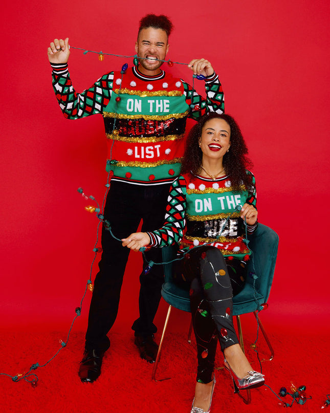 Matching Naughty or Nice Reversible Sequin Couples Ugly Christmas Sweater