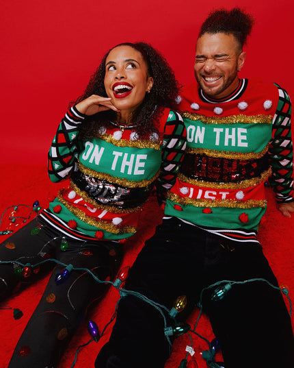 Matching Naughty or Nice Reversible Sequin Couples Ugly Christmas Sweater