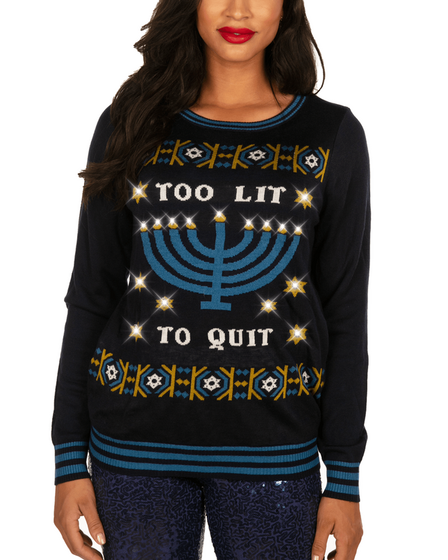 Women's Too Lit to Quit Light Up Ugly Hanukkah Sweater