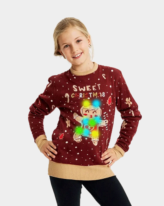 LED Light-Up Red Ginger Cookie Christmas Sweater for Kids