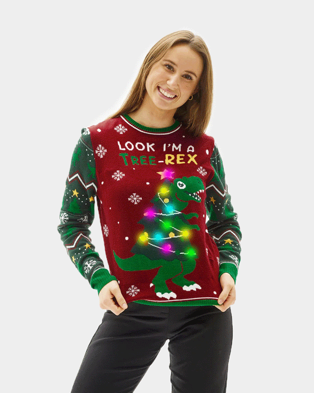 Women's Light-Up LED Christmas Tree-Rex Sweater