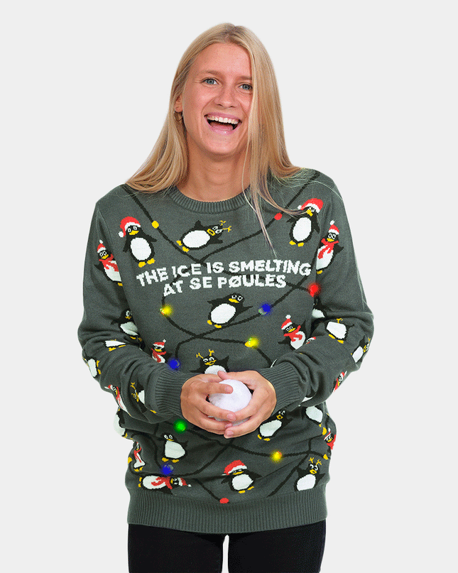 Women's LED Light Up Gray Christmas Sweater with Penguins