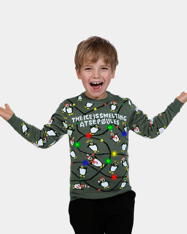 LED Christmas Sweater for Family with Gray Penguins
