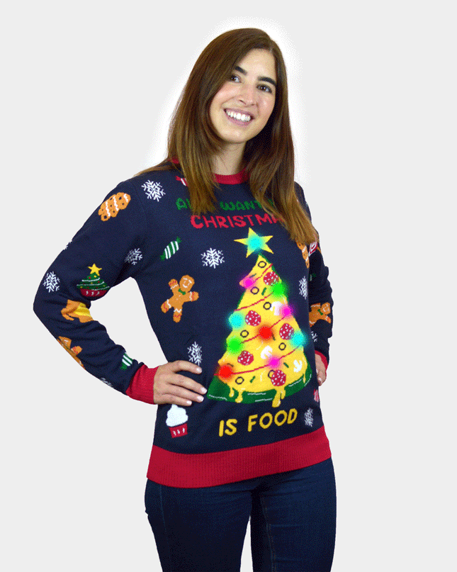 Women's LED Christmas Sweater Featuring "Christmas Food"
