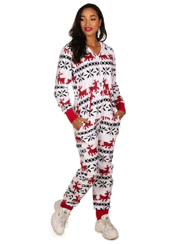 Women's Red and White Reindeer Jumpsuit