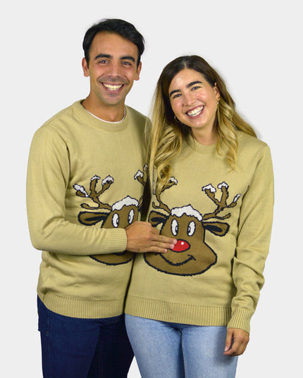 Christmas Sweater for Family Beige with Smiling Reindeer