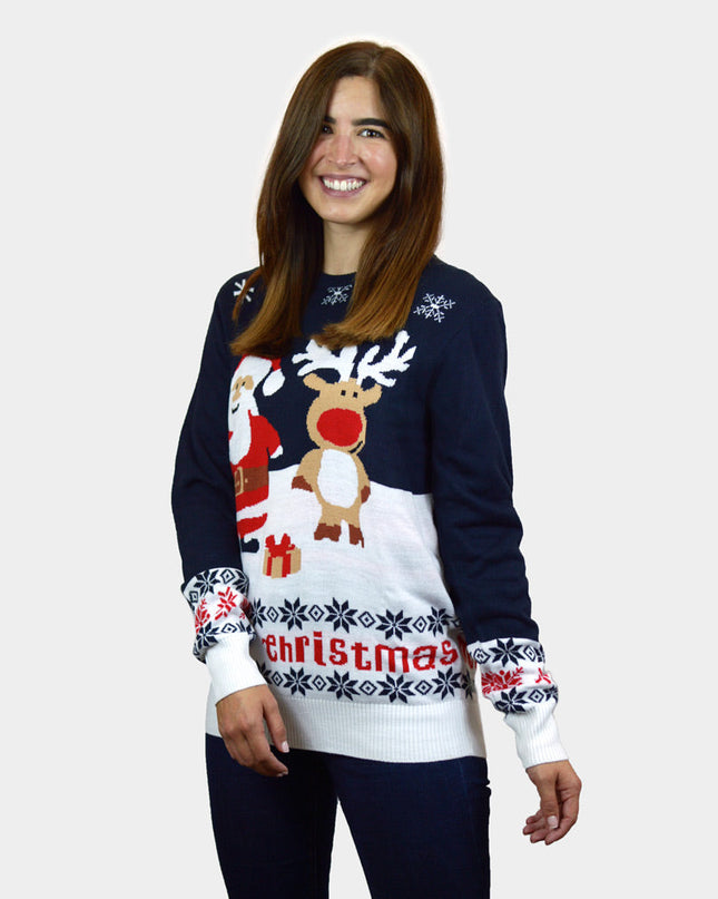 Blue Santa and Rudolph Christmas Sweater in Organic Cotton