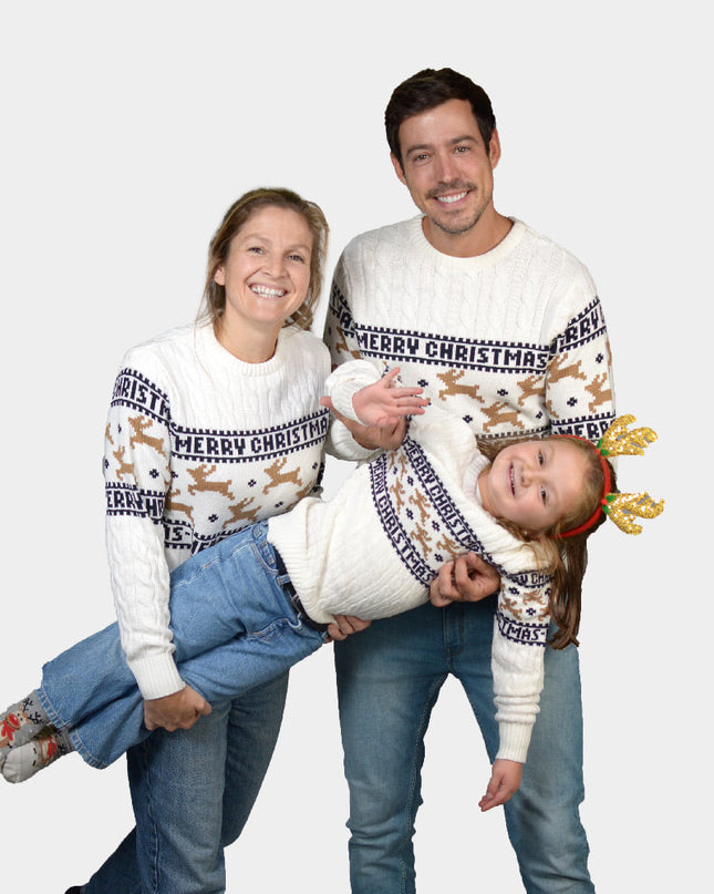 Organic Cotton White Christmas Sweater for Kids with Reindeer