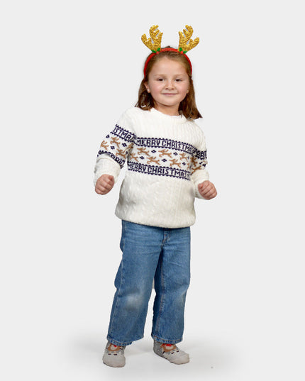 Organic Cotton White Christmas Sweater for Kids with Reindeer