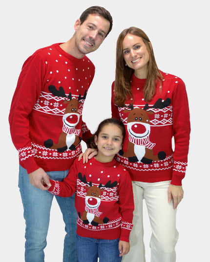 Red Rudolph Christmas Sweater with Scarf for Family