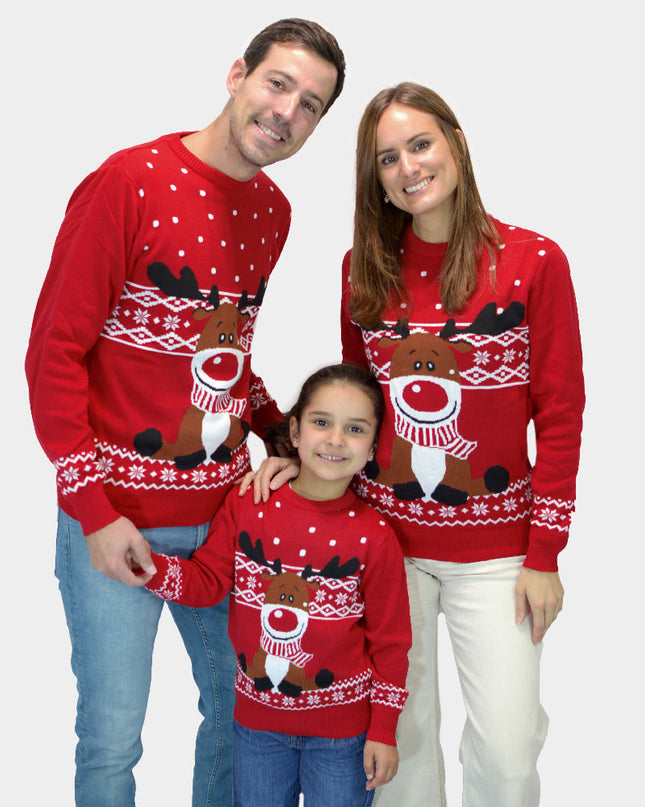 Red Rudolph Christmas Sweater with Scarf for Family