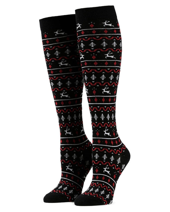 Women's Red and Black Fair Isle Socks (Fits Sizes 6-11W)