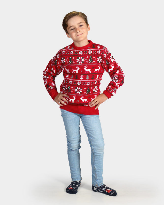 Kids Christmas Sweater with Reindeer, Trees, and Stars