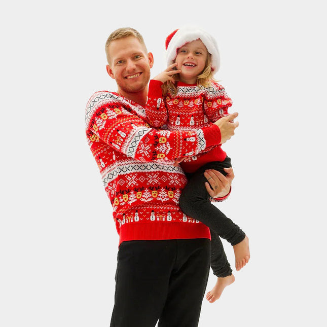 Organic Cotton Red Christmas Sweater for Family with Snowmen