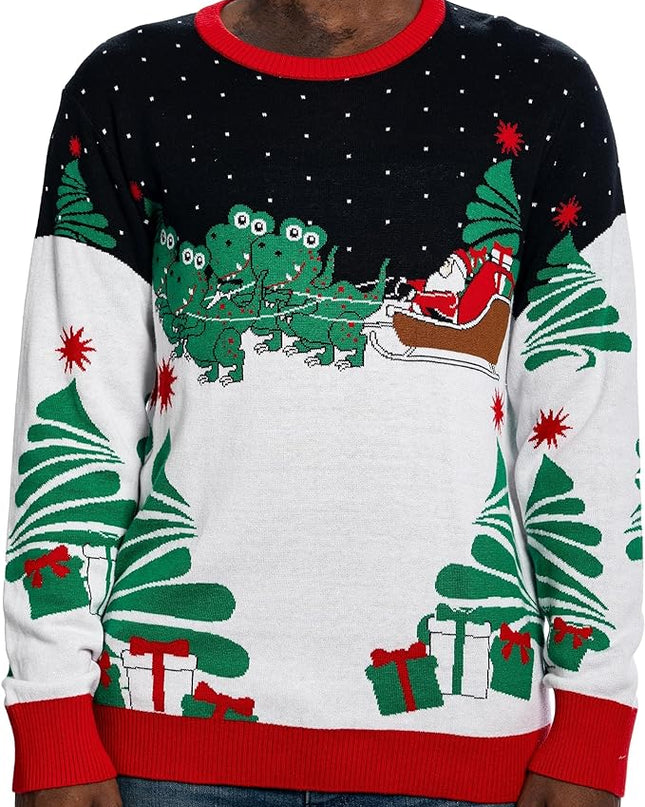Santa on T-Rex Sleigh Ugly Christmas Sweater