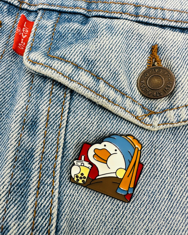 Goose with Pearl Earring and Bubble Tea Brooch for Women