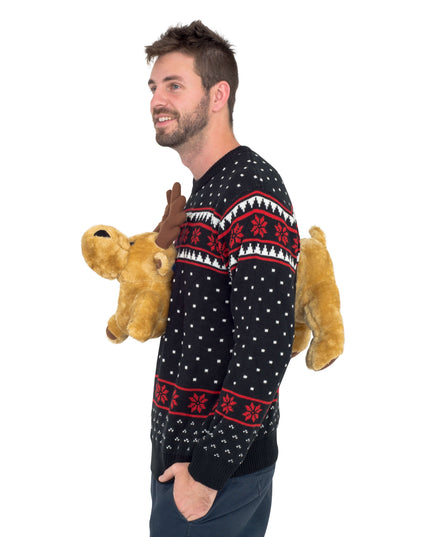 Black 3D Ugly Christmas Sweater with Stuffed Moose