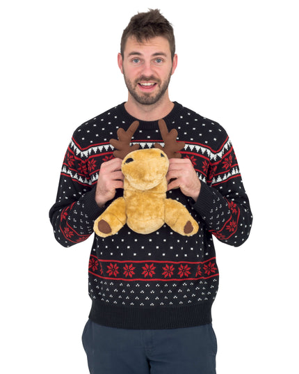 Black 3D Ugly Christmas Sweater with Stuffed Moose
