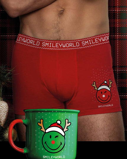 Men's Red Christmas Boxer Shorts with Smile and Mug
