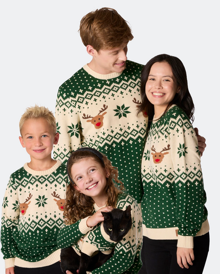 Matching Family Christmas Sweaters in Green Retro Reindeer