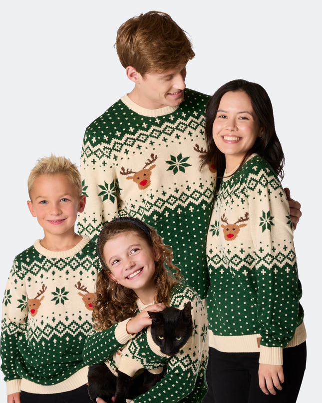 Matching Family Christmas Sweaters in Green Retro Reindeer