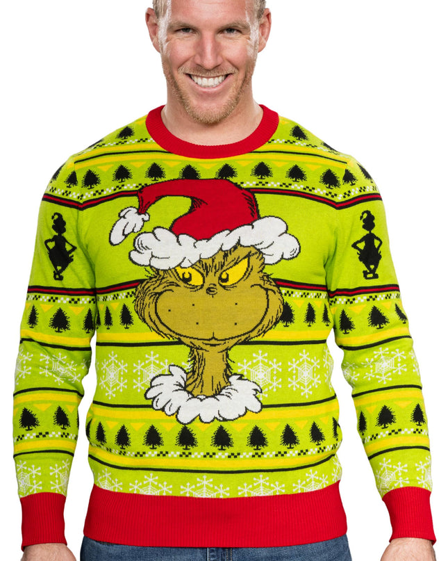 Grinch Head Santa Hat Wreath Ugly Christmas Sweater