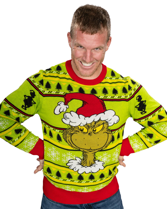 Grinch Head Santa Hat Wreath Ugly Christmas Sweater