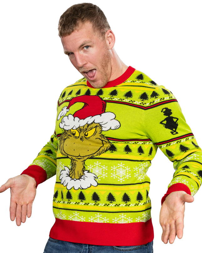 Grinch Head Santa Hat Wreath Ugly Christmas Sweater