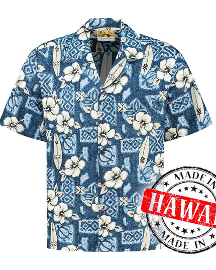 Hibiscus Surfboards Blue Hawaiian Shirt