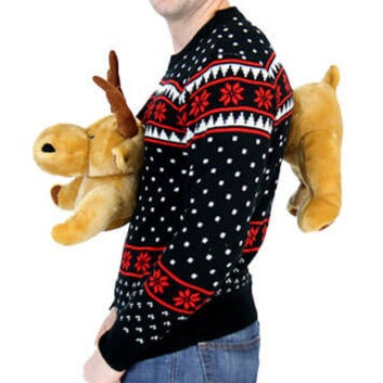 Black 3D Ugly Christmas Sweater with Stuffed Moose