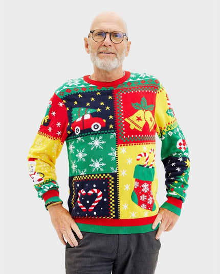 Patchwork Christmas Sweater for Men - Family-Friendly Design