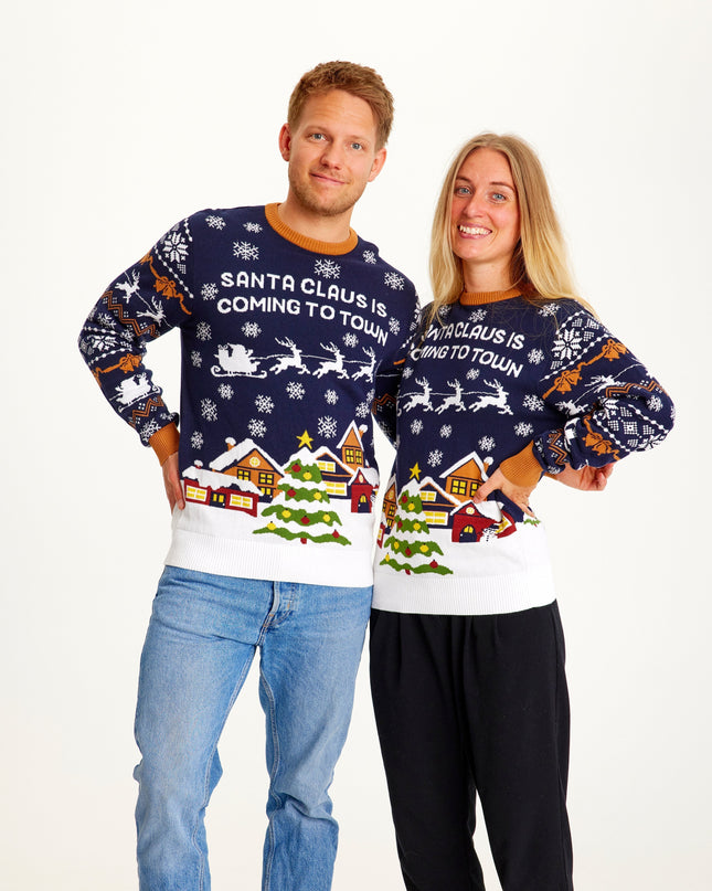 Santa Claus Is Coming To Town Navy Sweater for Women