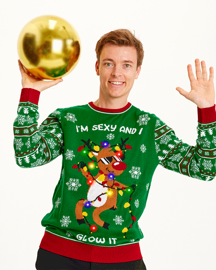 "Sexy and I Glow It" Green Sweater for Men - Light-Up Fun