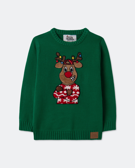 Kids' Green Reindeer Christmas Sweater