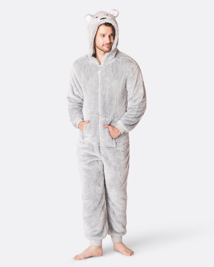 Men's Grey Teddy Bear Onesie for All-Year Comfort