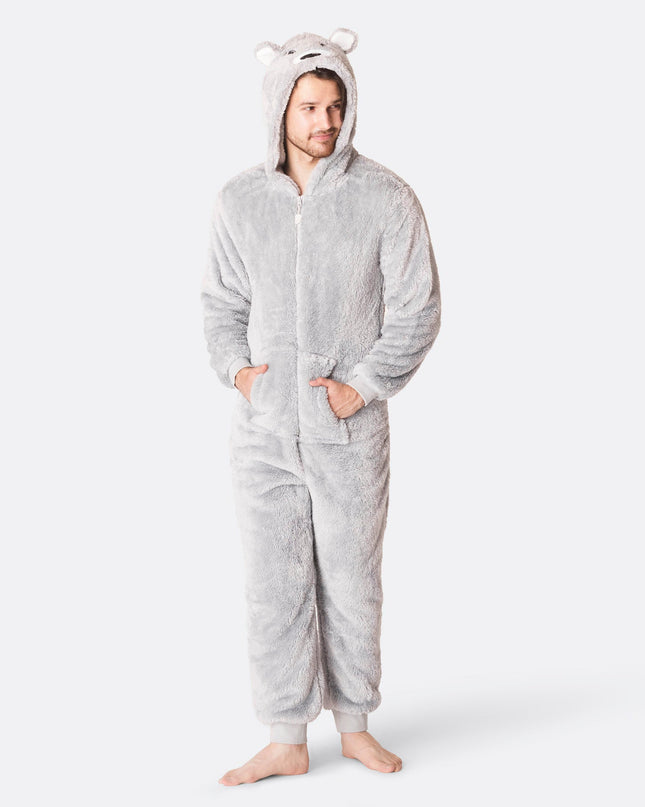 Men's Grey Teddy Bear Onesie for All-Year Comfort