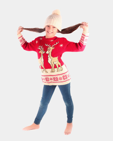 Kids Christmas Dress Red with Baby Reindeer Design