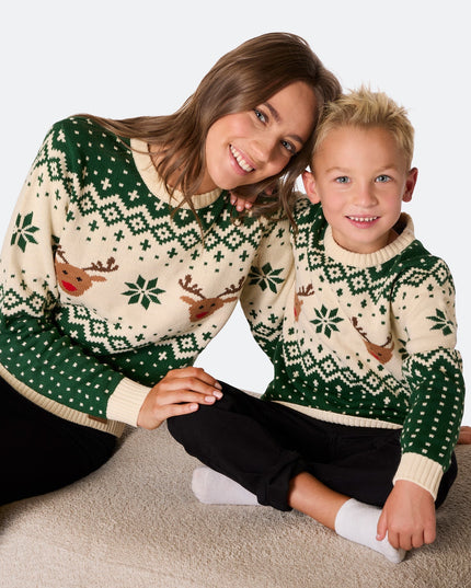 Kids' Retro Green Reindeer Christmas Sweater for Festivities