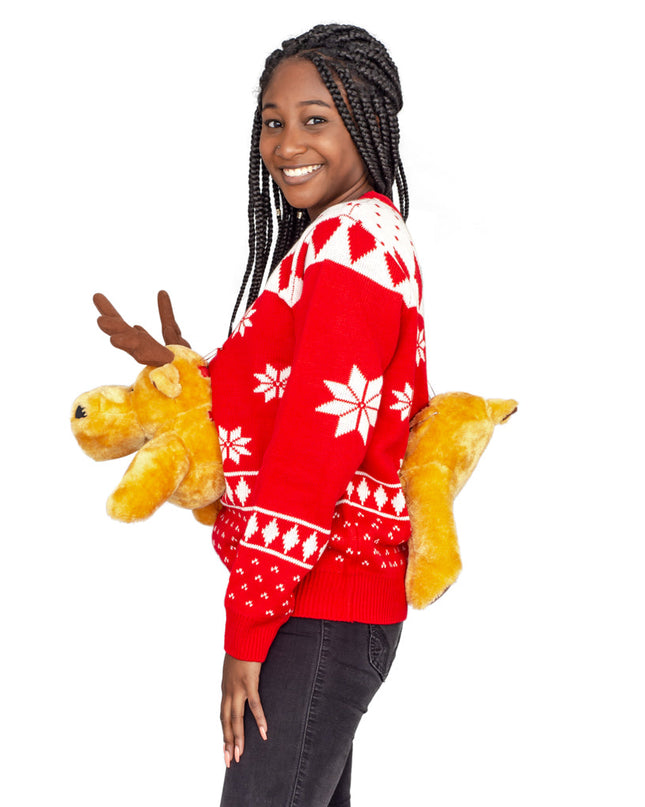 Women's Red 3D Moose Ugly Christmas Sweater