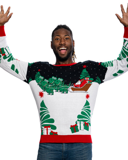 Santa on T-Rex Sleigh Ugly Christmas Sweater