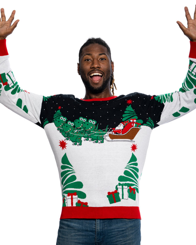 Santa on T-Rex Sleigh Ugly Christmas Sweater