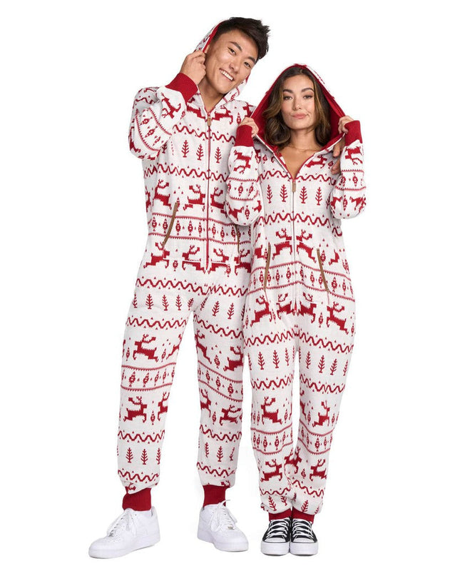 Matching Red and White Fair Isle Knit Couples Jumpsuits