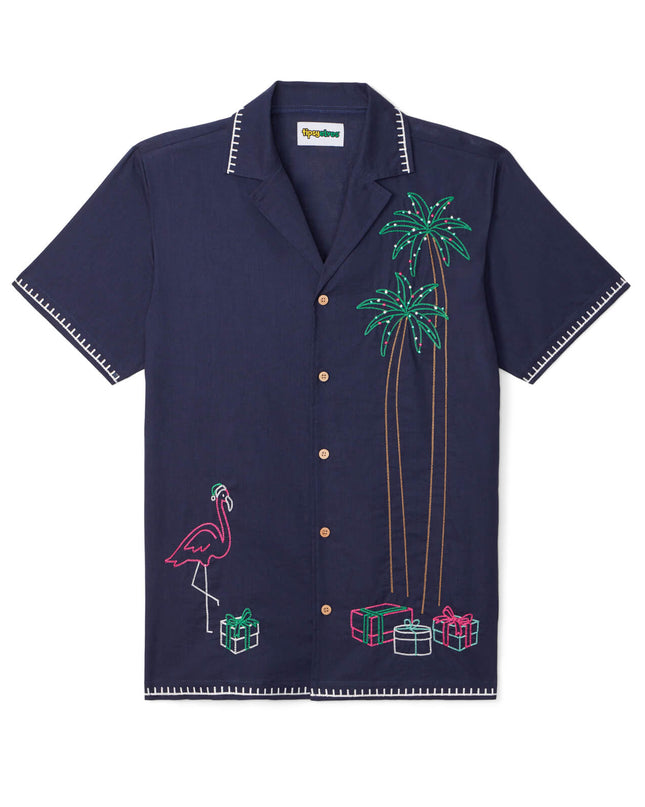 Men's Festive Flamingo Linen Cabana Shirt