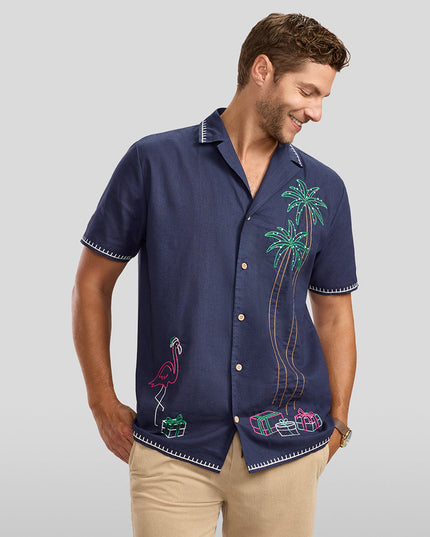 Men's Festive Flamingo Linen Cabana Shirt