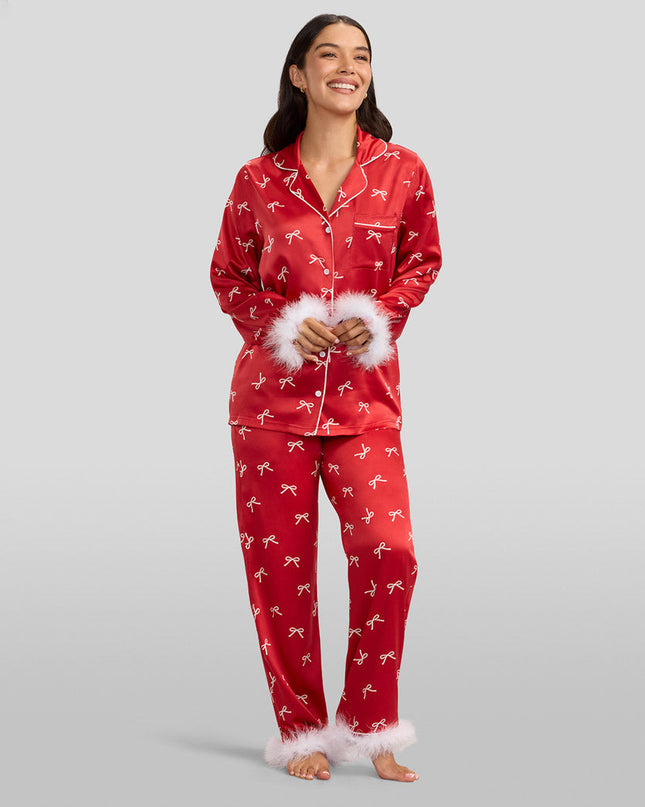 Women's Christmas Bow Satin Feather Pajama Set