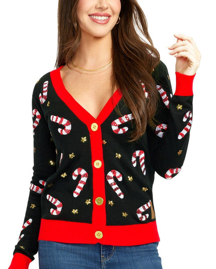 Women's Sequin Candy Cane Cardigan Sweater