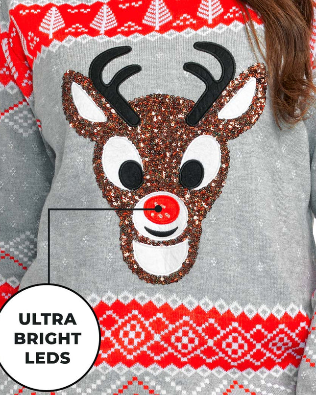 Women's Sequin Rudolph Light Up Ugly Christmas Sweater
