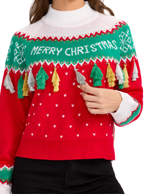 Women's Merry Christmas Tassel Turtleneck Cropped Sweater