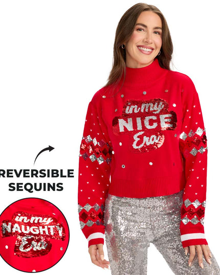 Women's Nice Era Turtleneck Cropped Reversible Sequin Christmas Sweater