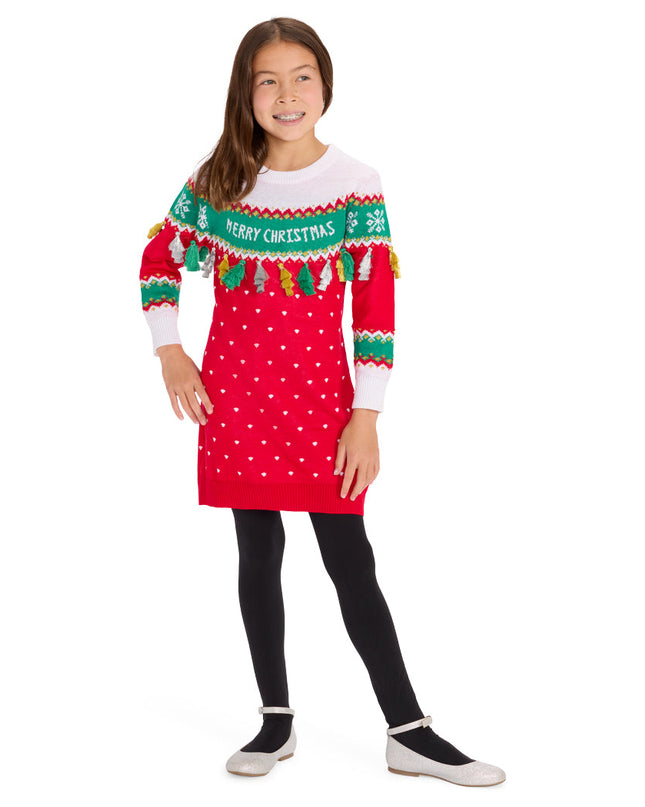 Girl's Merry Christmas Tassel Sweater Dress